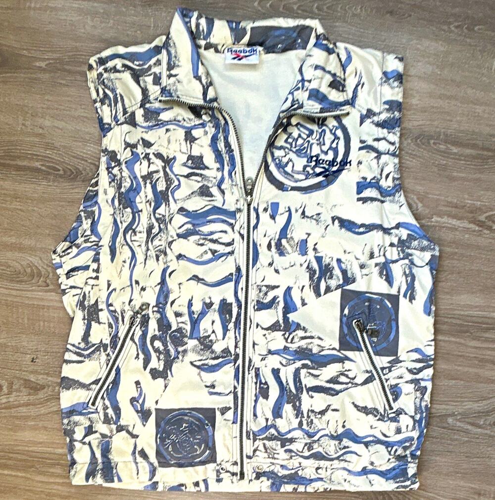Vintage 90s Reebok All Over Print Geometric Windbreaker Vest - Blue White